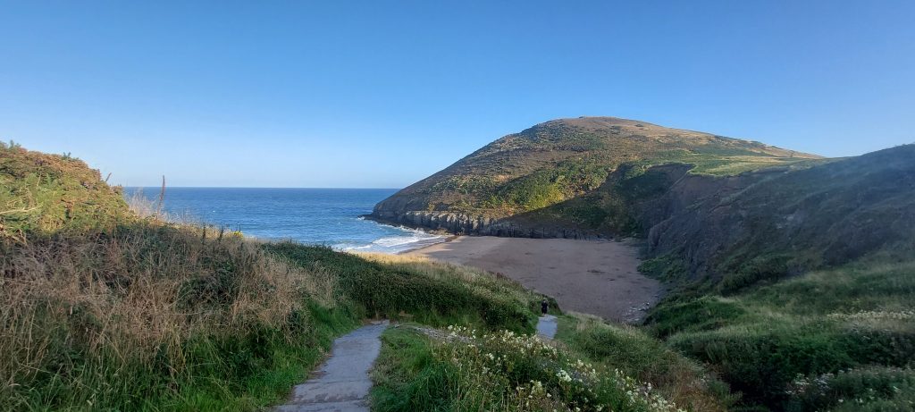 An early morning view of a small beach nestled in the cliffs. In the forground is the path leading down to the beach.